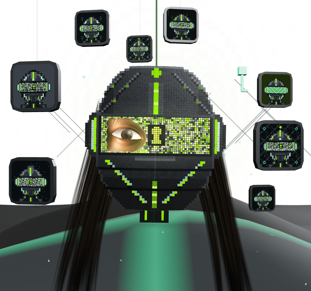 Graphite voxel helmet with a lime static visor, a keyhole, and a cracked hole where a human eye looks out.